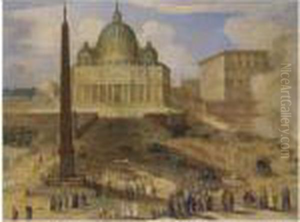 View Of The Saint Peter In Rome,
 Figures Watching A Procession Of Cardinals In The Foreground, Canons 
Firing To The Right Oil Painting by Willem van, the Younger Nieulandt