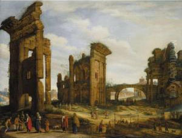 A Capriccio View Of The Forum Romanum With Drovers And Figures Selling Their Wares Oil Painting by Willem van, the Younger Nieulandt