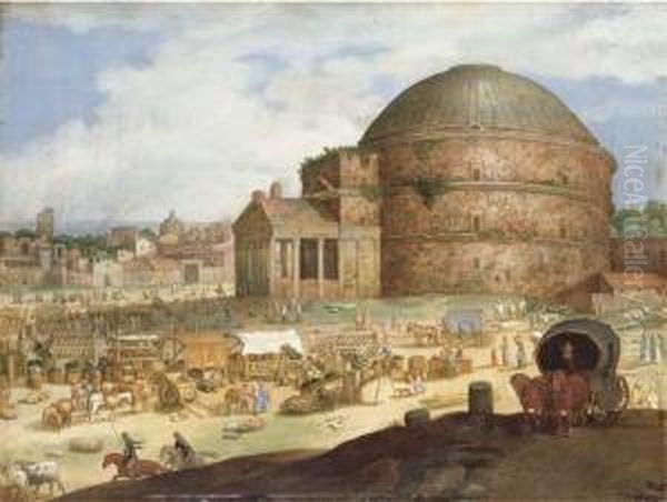 A View Of The Pantheon, Rome, With Townsfolk At A Market Oil Painting by Willem van, the Younger Nieulandt