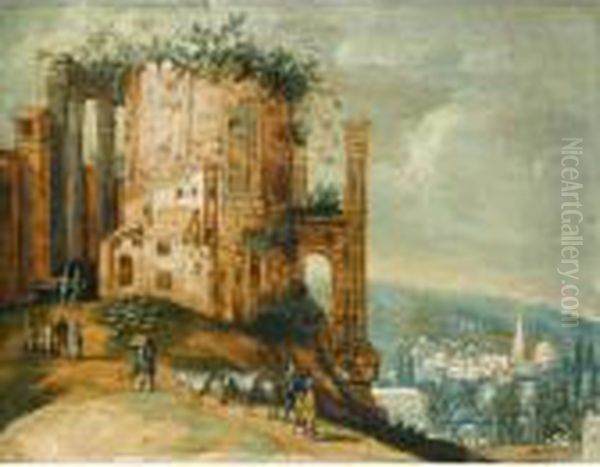 An Italianate Landscape With A Capriccio Of The Temple Of Vesta, Tivoli Oil Painting by Willem van, the Younger Nieulandt