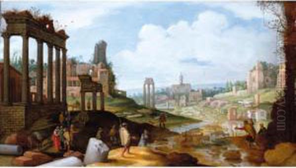 A View Of The Forum Romanum With Shepherds Grazing Their Flocks Oil Painting by Willem van, the Younger Nieulandt