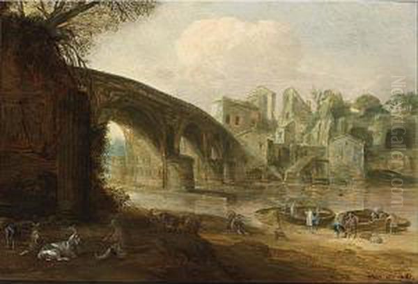 The Younger, A Shepherd And His Herd Near A River With A Stone Bridge Oil Painting by Willem van, the Younger Nieulandt