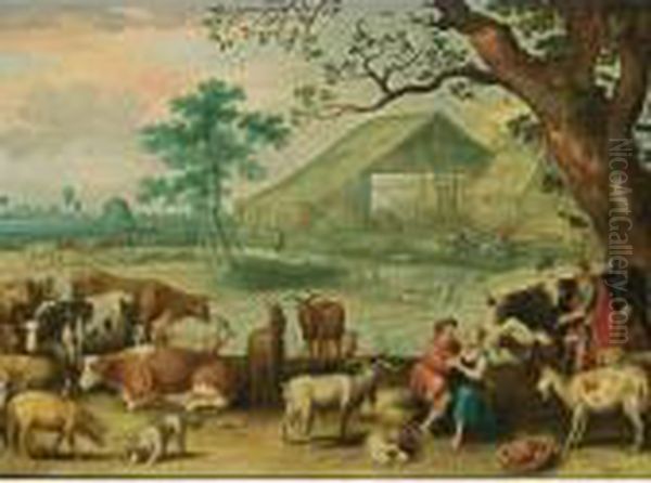 A Landscape With Amorous 
Shepherds And Their Herd With Another Shepherd Near A Tree In The 
Foreground, A View Of A Farm With A Horse-drawn Cart And Cows And Sheep 
Beyond Oil Painting by Willem van, the Younger Nieulandt