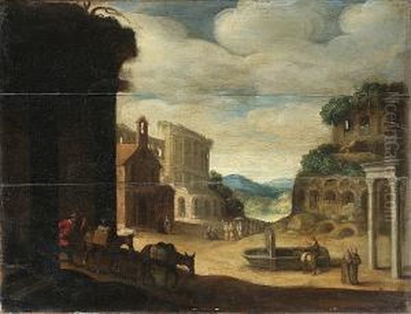 A Roman Landscape With A Drover 
And His Donkeys Before Ruins And Figures By A Fountain In The Distance Oil Painting by Willem van, the Younger Nieulandt