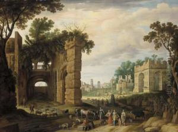 The Roman Forum With Drovers And Watercarriers On A Path In The Foreground Oil Painting by Willem van, the Younger Nieulandt