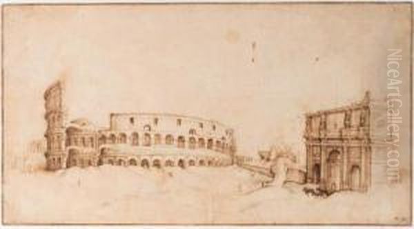 A View Of The Colosseum With A Triumphal Arch Oil Painting by Willem van, the Younger Nieulandt