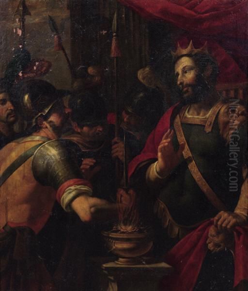 Mucius Scaevola Showing His Intrepidity Before King Porsena Oil Painting by Adam van Noort