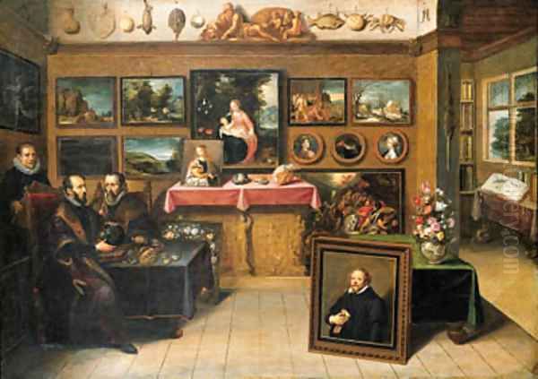 A collector's cabinet with Abraham Ortelius and Justus Lipsius Oil Painting by Frans II Francken