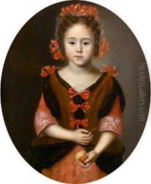 Portrait Of A Young Girl, 
Half-length, In A Pink Dress With Red Ribbons, Holding A Peach, In A 
Painted Oval Oil Painting by Jan or Joan van Noordt