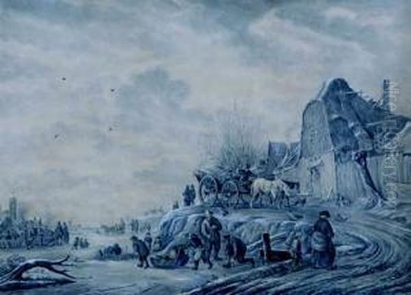 Winters Dorpsgezicht Met Vele Figuren Ophet Ijs Oil Painting by Jan or Joan van Noordt