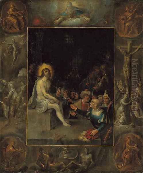 The Mocking of Christ, in a grisaille surround depicting God the Father, the Evangelists, The Crucifixion, The Resurrection and The Devil and Death wi Oil Painting by Frans II Francken