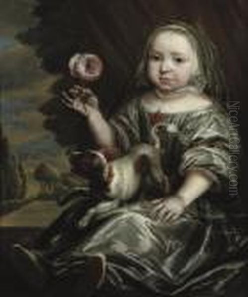 Portrait Of A Girl, Full-length,
 In A Silver Costume, Seated With A Dog In Her Lap And Holding A Rose, A
 Landscape Beyond Oil Painting by Jan or Joan van Noordt