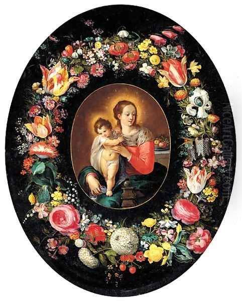 A garland of flowers surrounding a medallion of the Virgin and Child Oil Painting by Frans II Francken