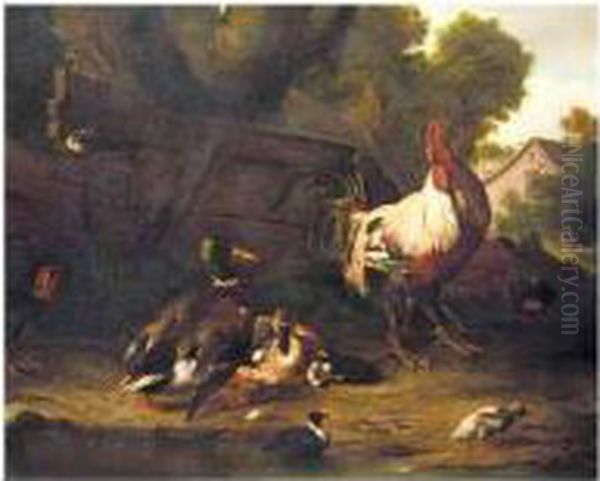 A Farmyard Scene With Chickens, Mallard Ducks And Other Birds, A Cottage Beyond Oil Painting by Adriaen van Oolen