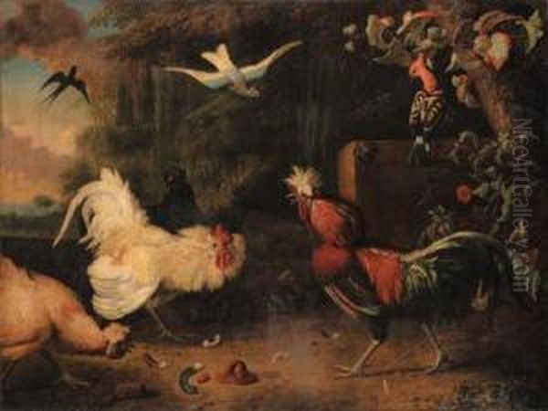 Two Cocks Fighting, With Hens, A Swallow And Two Exotic Birds In Awooded Landscape Oil Painting by Adriaen van Oolen