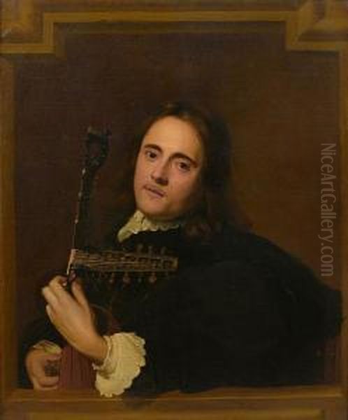 A Young Man At A Stone Window Playing A Theorbo-lute Oil Painting by Jacob Cornelisz Van Oostsanen