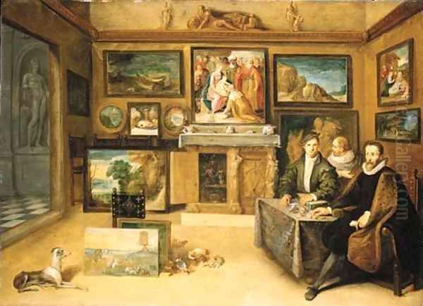 The interior of a collector's cabinet with Justus Lipsius and two constliefhebbers Oil Painting by Frans II Francken