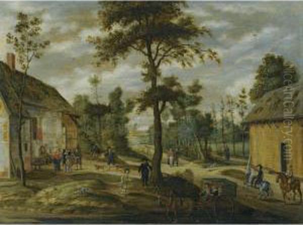 A Village Scene Outside An Inn With Two Horsemen And A Carriage Halted In The Foreground Oil Painting by Isaak van Oosten