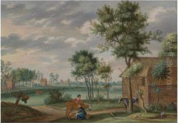 A Farmyard With A Maid Milking A Cow, Extensive Flat Pasturesbeyond Oil Painting by Isaak van Oosten