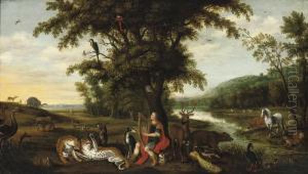 Orpheus Enchanting The Animals In A Wooded River Landscape Oil Painting by Isaak van Oosten