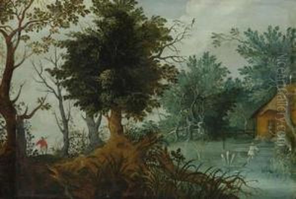 Waldlandschaft Mit Figuren. Oil Painting by Isaak van Oosten