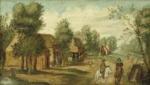 A Village Landscape With Two 
Travellers, Villagers Walking Along A Path And A Church Beyond Oil Painting by Isaak van Oosten