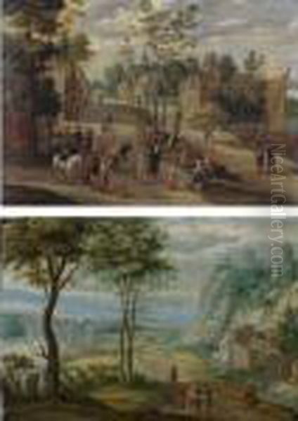 Landscape With A Village Dance; Landscape With Gypsies Telling A Traveller's Fortune Oil Painting by Isaak van Oosten