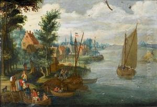 A River Landscape With Figures 
Loading Barges And A Ferry In The Foreground, A Village Beyond Oil Painting by Isaak van Oosten