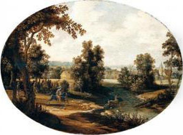 A River Landscape With A Stag Hunt Oil Painting by Isaak van Oosten