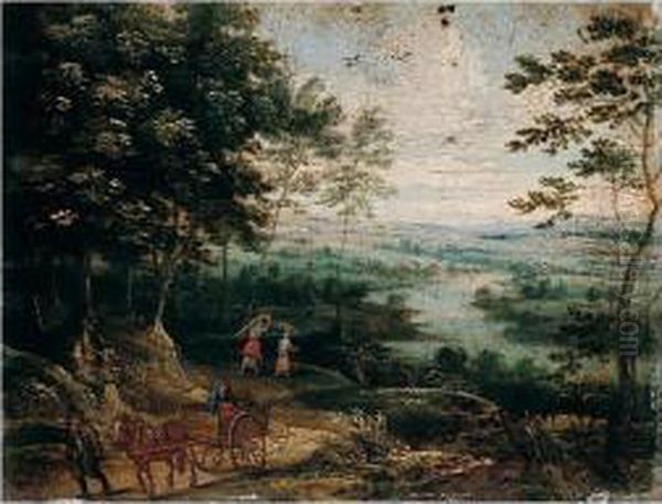 River Landscape With Waggoners In The Foreground Oil Painting by Isaak van Oosten