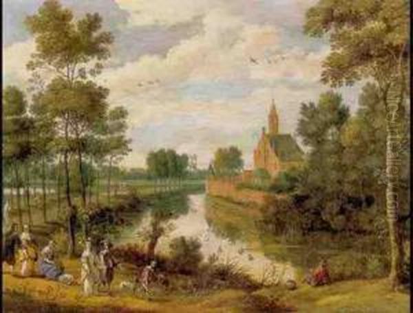 Elegant Figures Walking Along A Path With A Manor House In The Distance Oil Painting by Isaak van Oosten