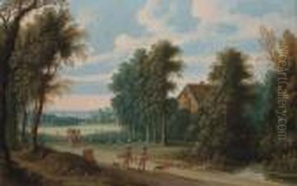 An Extensive Wooded Landscape 
With A Falconer And His Hoop On Apath, Countryfolk And Sheep Beyond Oil Painting by Isaak van Oosten