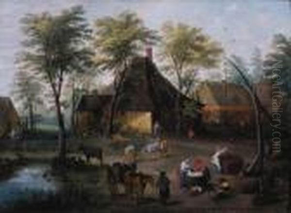 Peasants At Work In A Farmyard Oil Painting by Isaak van Oosten