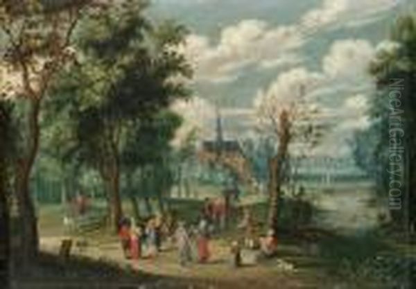 A Wooded Landscape With Peasants Dancing, A Hamlet Beyond Oil Painting by Isaak van Oosten