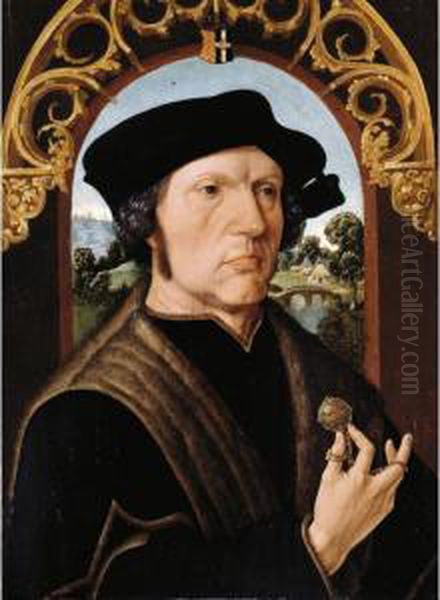 Portrait Of Jan Gerritz. Van 
Egmond Van De Dijenborgh, Bust-length Wearing A Black Fur-trimmed Coat, 
Holding A Pomander, Seen Within An Arched Decorated Embrasure, A 
Landscape Beyond Oil Painting by Jacob Cornelisz. Van Oostsanen