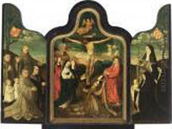 A Triptych: Central Panel: The 
Crucifixion; Left Wing: Saint Francis With Male Donors; Right Wing: 
Saint Barbara With Female Donors Oil Painting by Jacob Cornelisz. Van Oostsanen