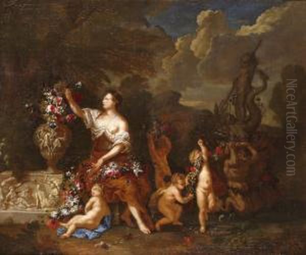 Flora Viragfuzeres Puttokkal Oil Painting by Kaspar Jakob Van Opstal