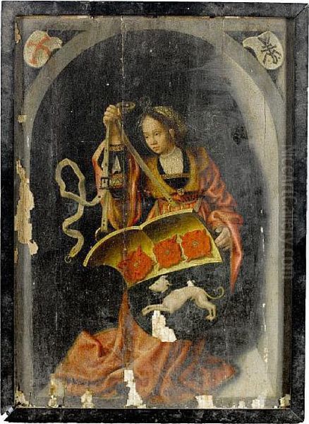 A Female Figure Holding An Heraldic Shield, Within A Painted Niche Oil Painting by Barend Van Orley