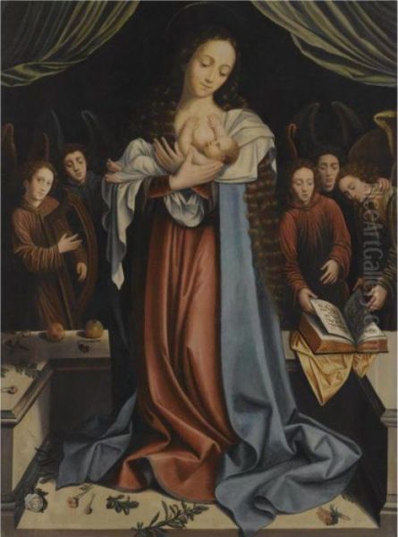 The Virgin And Child With Attendant Angels Oil Painting by Barend Van Orley