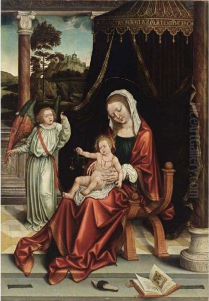 The Virgin And Child Under A 
Canopy, Together With The Archangel Michael, A View Of A Landscape With A
 Castle On A Mountain Beyond Oil Painting by Barend Van Orley