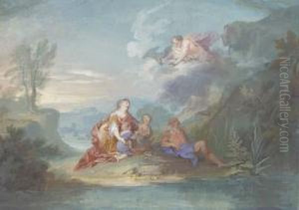 Leda With Castor And Pollux Beside Eurotas, Jupiter Up Above Oil Painting by Richard van Orley