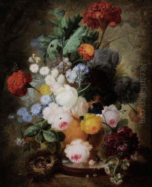 Nature Morte Au Bouquet De Fleurs, Nid Et Insectes Oil Painting by Georgius Jacobus J. Van Os