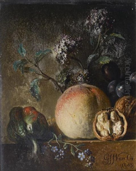 Nature Morte Aux Poivrons, Peches Et Noix Sur Un Entablement Oil Painting by Georgius Jacobus J. Van Os