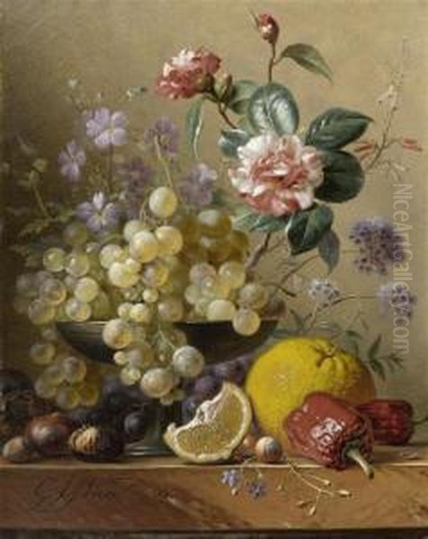 Camellia Spray Amongst Grapes In
 A Silver Bowl, With Chestnut, Medlar, Grapefruit, A Slice Of Lemon And 
Paprika On A Marble Ledge Oil Painting by Georgius Jacobus J. Van Os