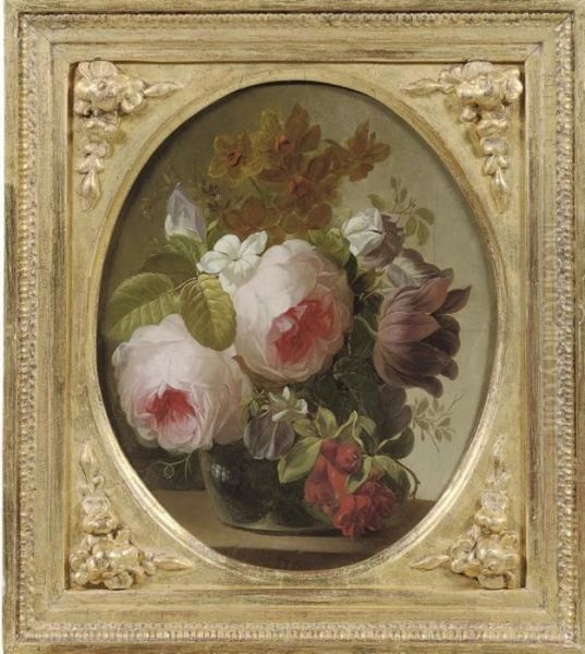 Pink Roses, Jasmine, A Tulip And Other Flowers In A Glass Vase On A Ledge Oil Painting by Georgius Jacobus J. Van Os