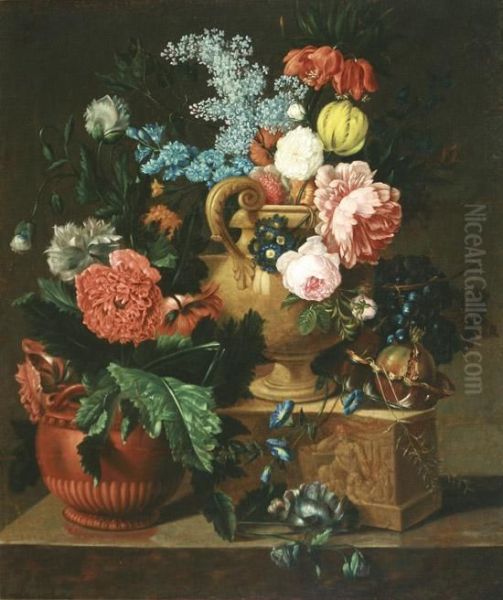 Still Life Of Urn And Flowers On A Marble Ledge Oil Painting by Georgius Jacobus J. Van Os