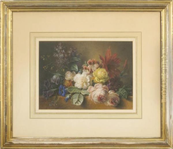 Still Life Of Roses, Lilacs And Other Flowers On A Marbleledge Oil Painting by Georgius Jacobus J. Van Os