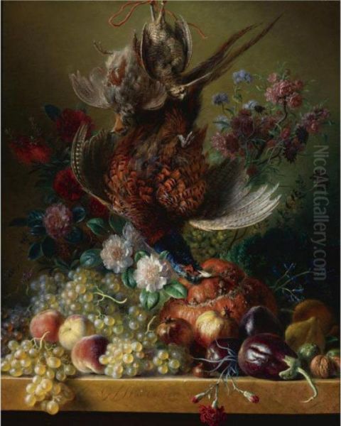 Still Life Of Flowers And Fruit With A Bird Oil Painting by Georgius Jacobus J. Van Os