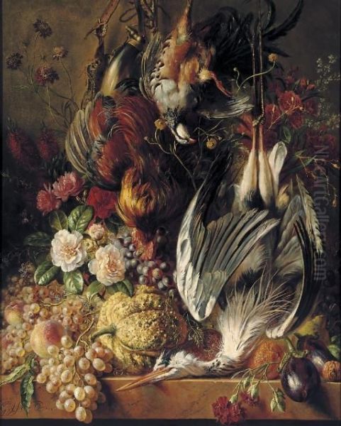 Flowers, Fruits And Poultry On A Ledge Oil Painting by Georgius Jacobus J. Van Os