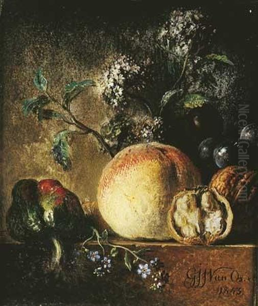 Nature Morte Aux Poivron, Peche Et Noix Sur Un Oil Painting by Georgius Jacobus J. Van Os